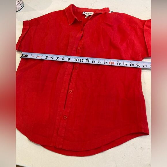 Michael Stars 100% Linen Charlie Button Down Short Sleeve Shirt Cherry Red Med - Picture 8 of 8